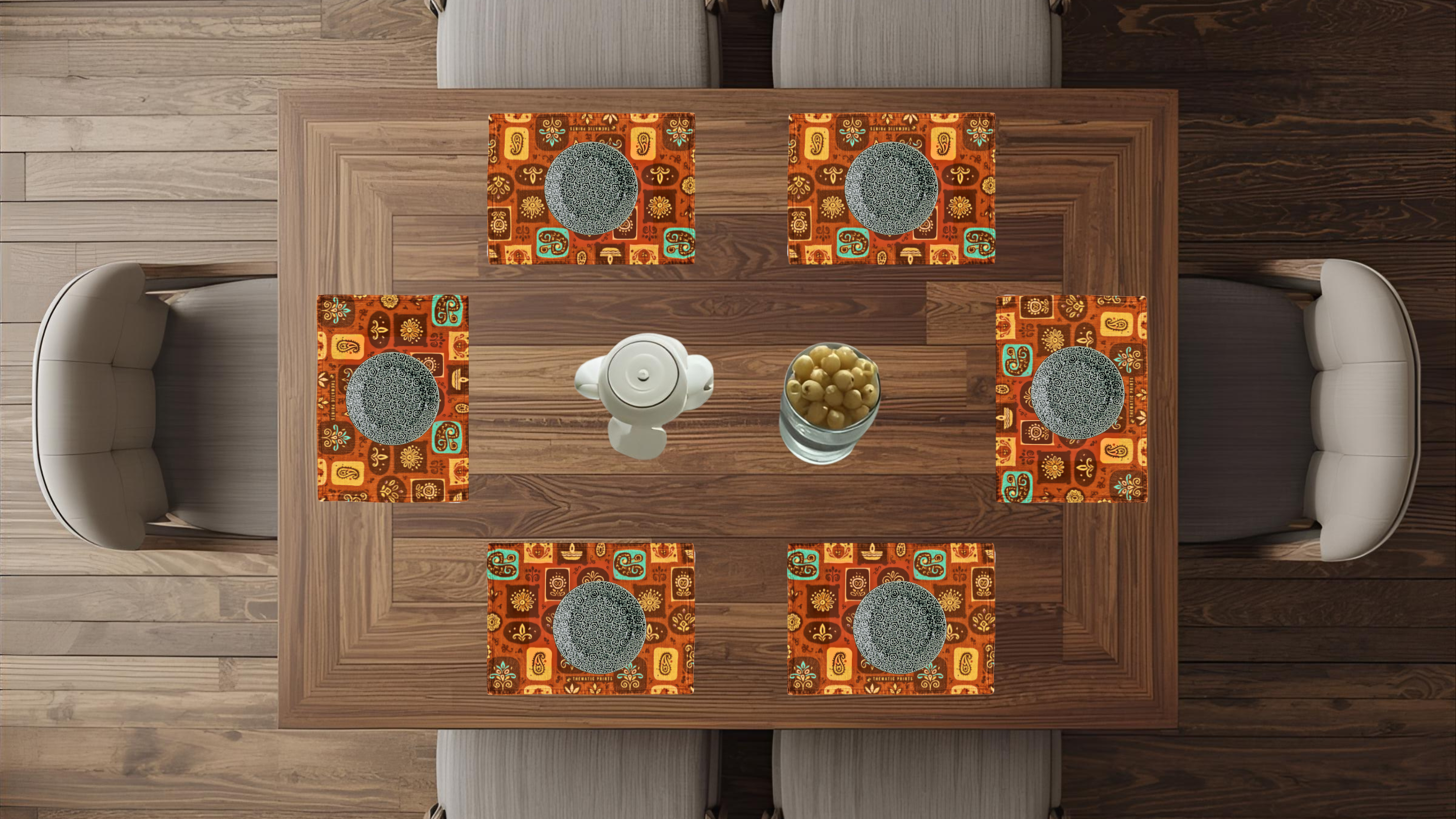 Polyster Fabric Set of 6 Table Placemats - Rangoli Block Tiles