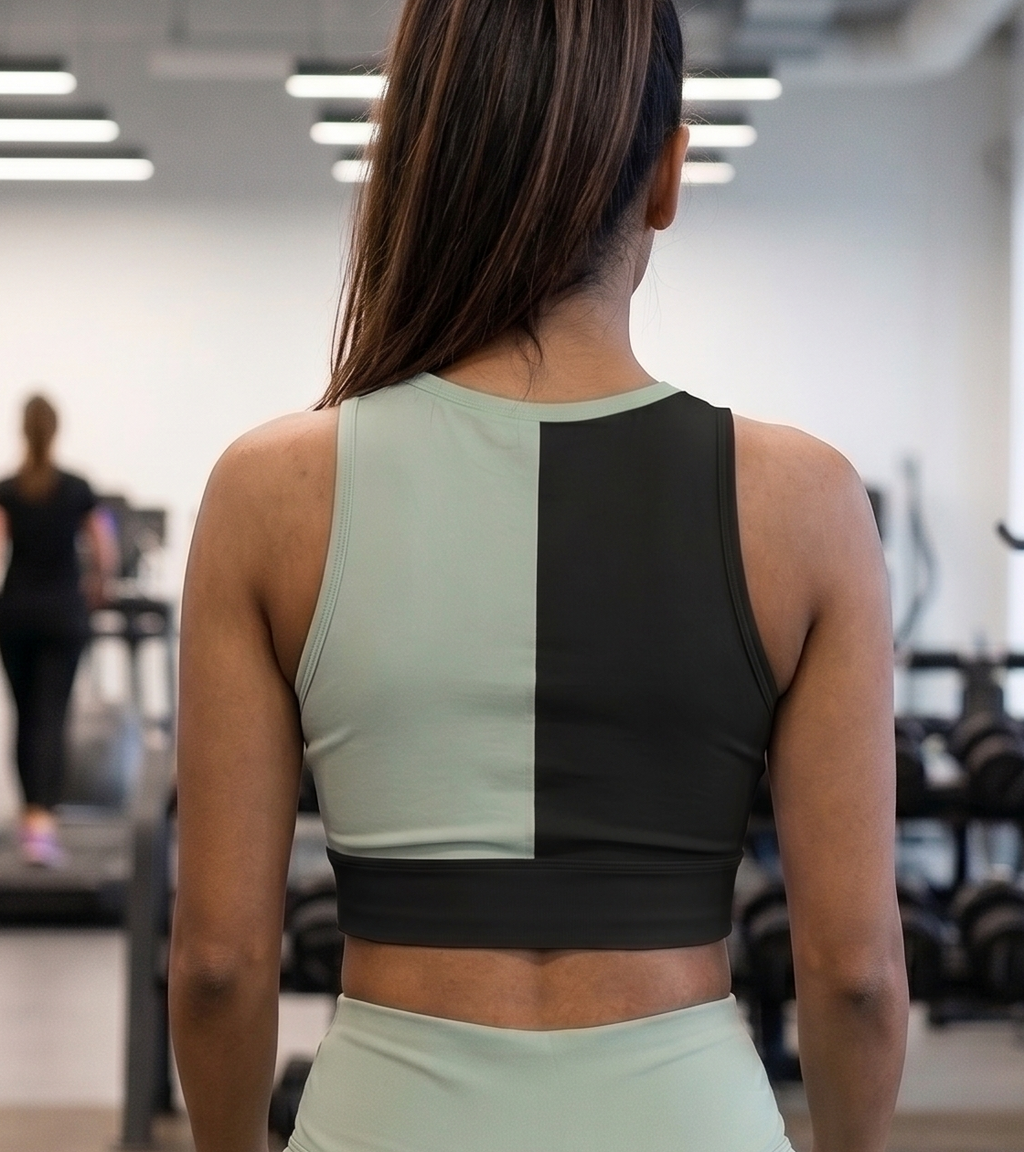 Women's Gym Workout Crop Top | Black Sage Green Print | Poly Spandex Fabric | Stretchable Slim Fit Active Wear for Women