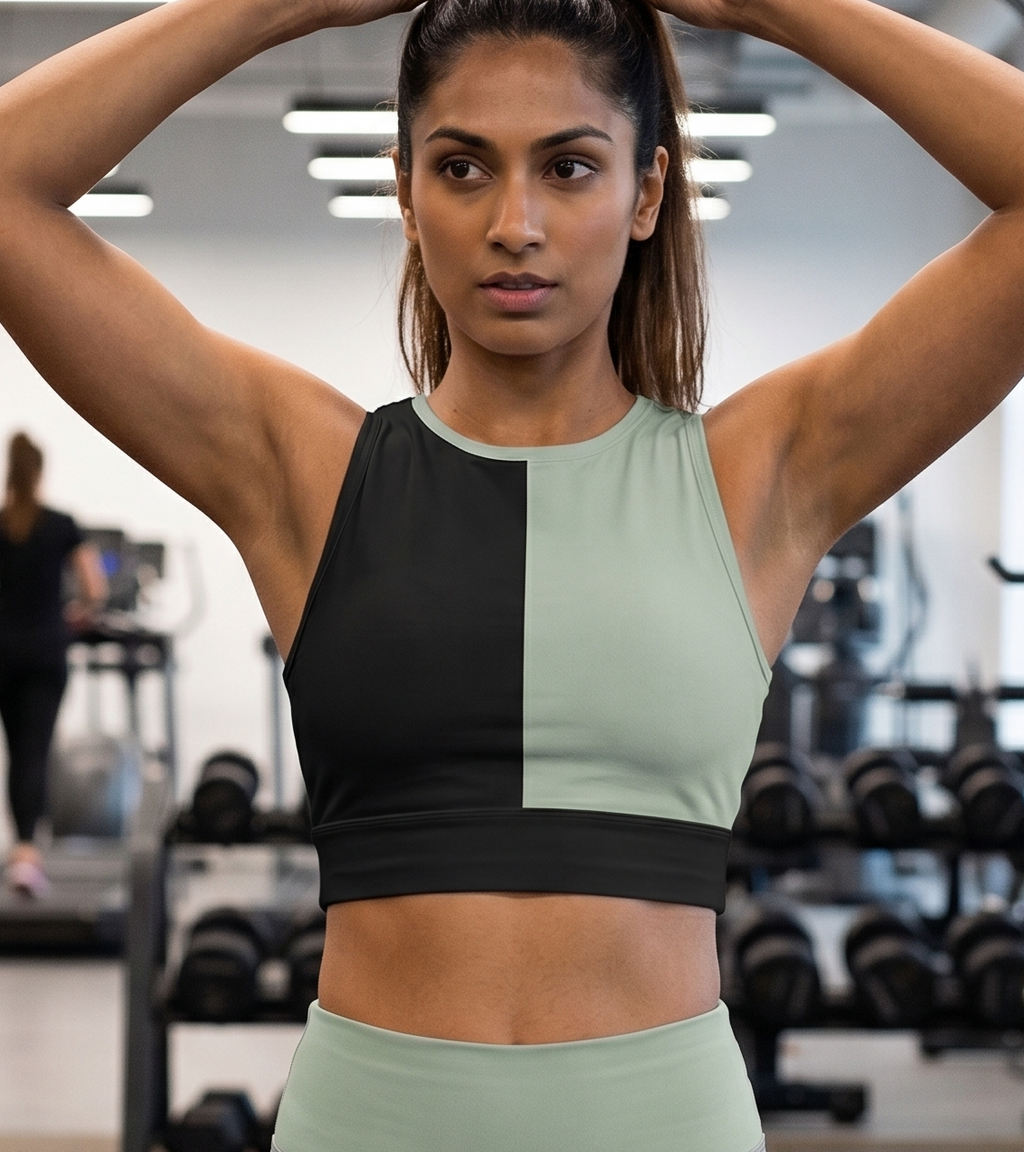 Women's Gym Workout Crop Top | Black Sage Green Print | Poly Spandex Fabric | Stretchable Slim Fit Active Wear for Women