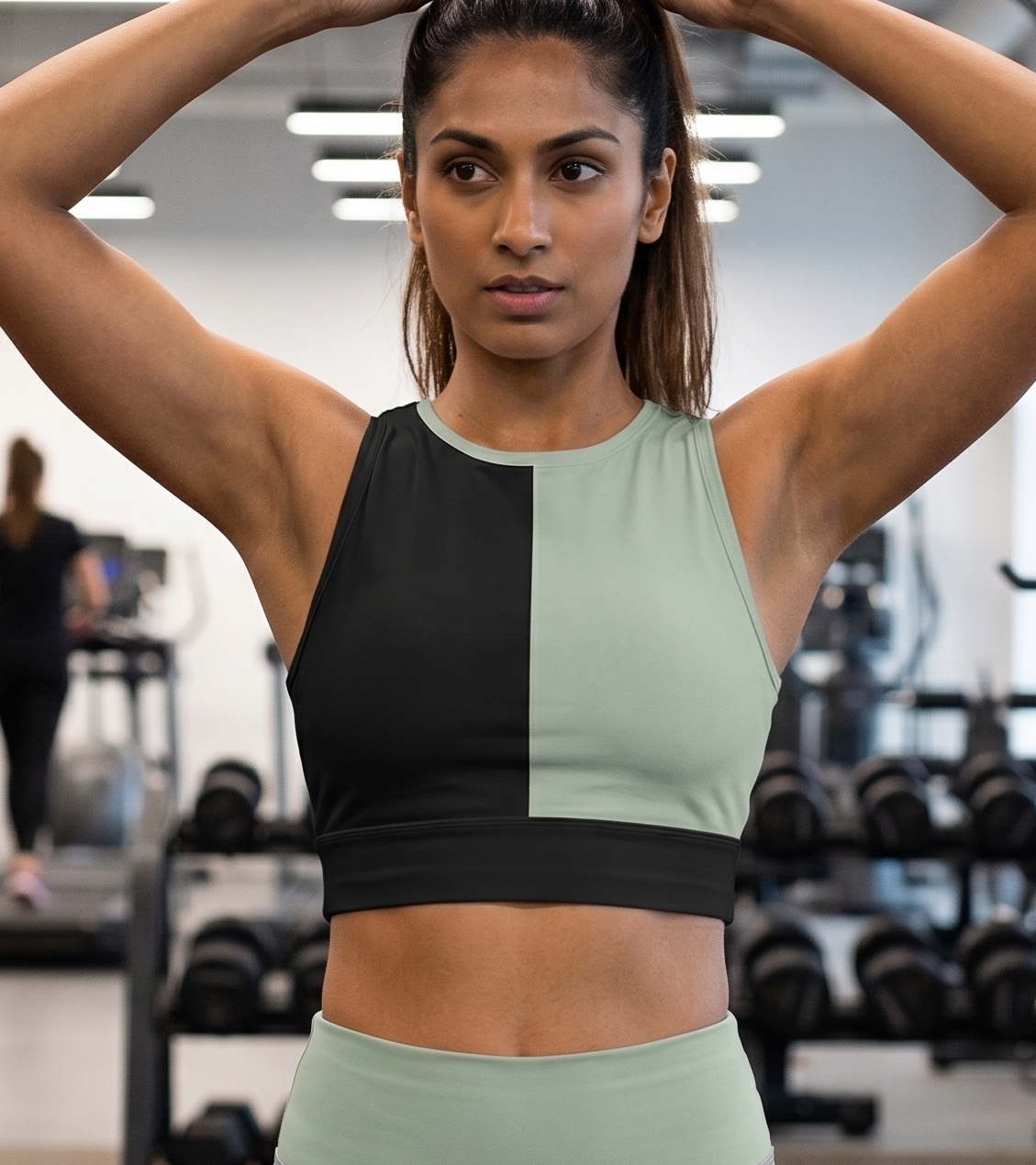 Women's Gym Workout Crop Top | Black Sage Green Print | Poly Spandex Fabric | Stretchable Slim Fit Active Wear for Women