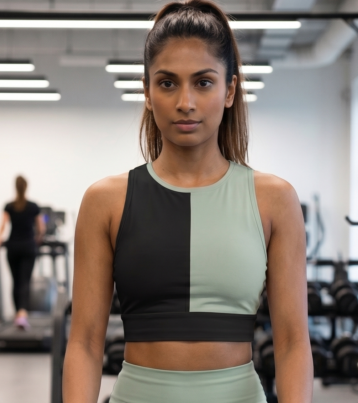 Women's Gym Workout Crop Top | Black Sage Green Print | Poly Spandex Fabric | Stretchable Slim Fit Active Wear for Women
