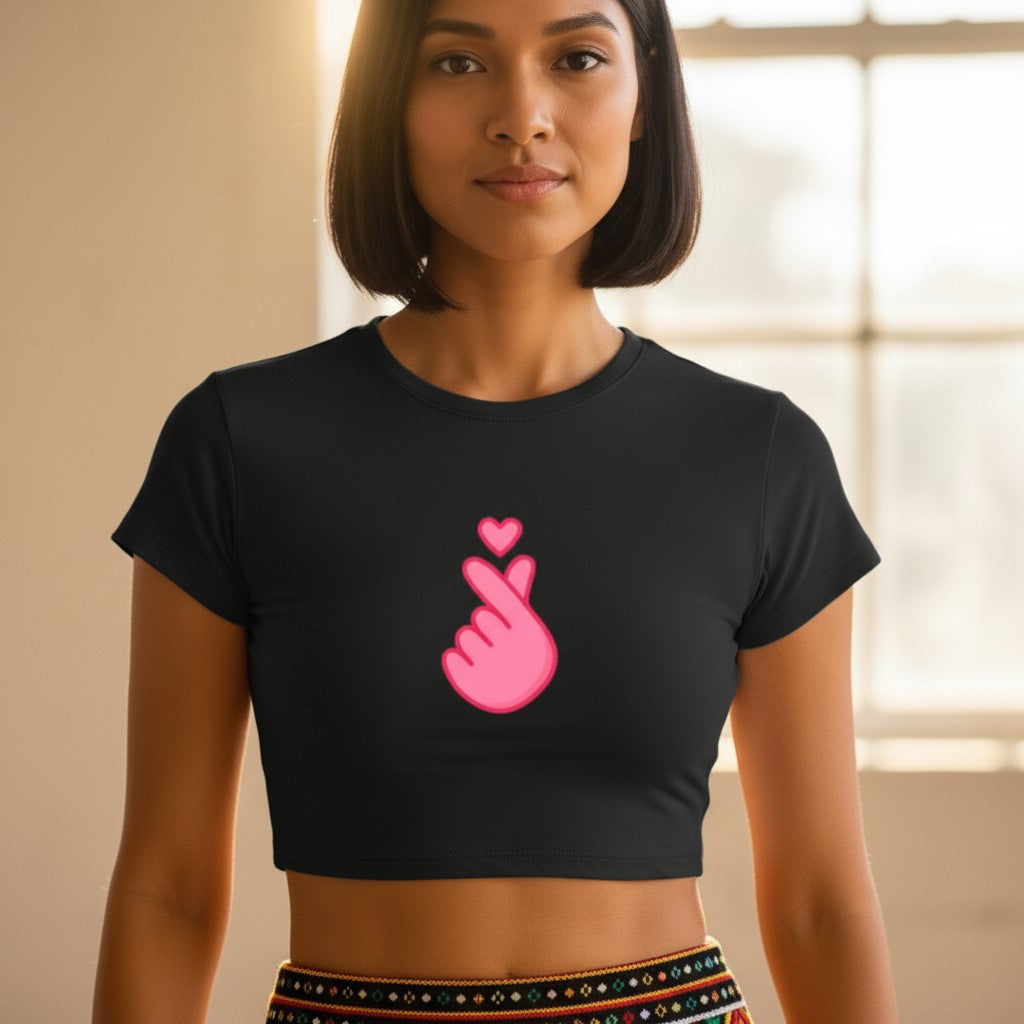 Women's Baby Tee - Cotton Stretchable - Finger Heart Graphic Print - Cute Minimal Icon Tee