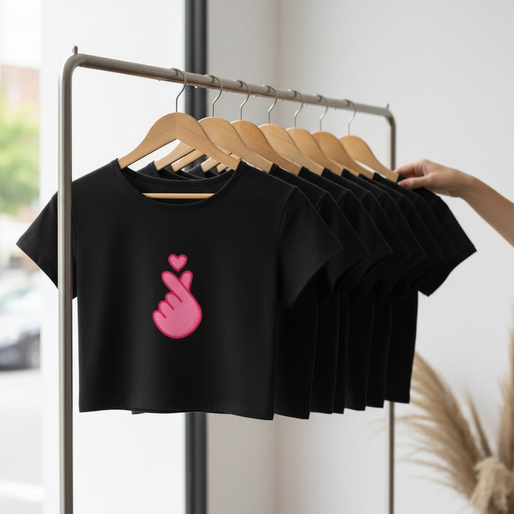 Women's Baby Tee - Cotton Stretchable - Finger Heart Graphic Print - Cute Minimal Icon Tee