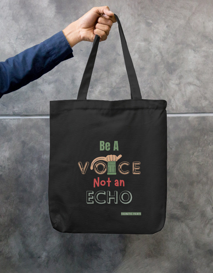 College girl with Be a Voice Not an Echo motivational tote bag on campus India