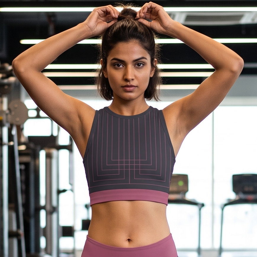 Women's Gym Workout Crop Top | Grey Mauve Print | Poly Spandex Fabric | Stretchable Slim Fit Active Wear for Women