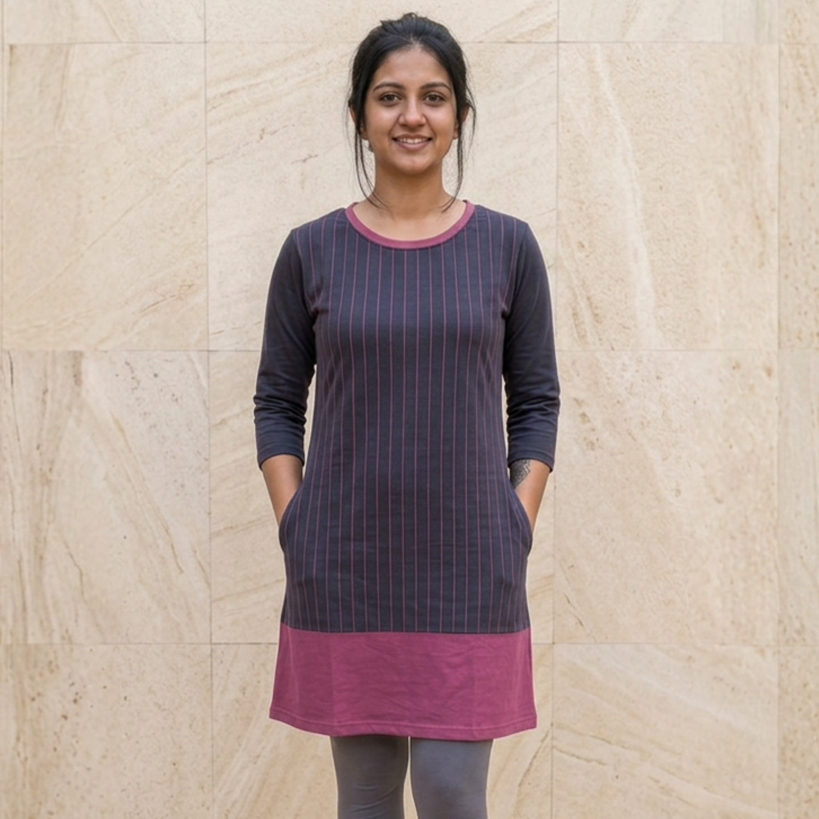 Women's Printed T-Shirt Dress | 100% Spun Polyester | Grey Mauve Stripe Pattern with Pockets | Casual Color Block Dress for Women
