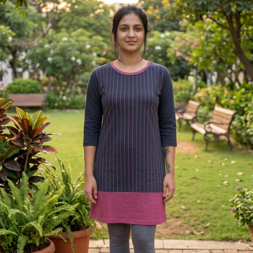 Women's Printed T-Shirt Dress | 100% Spun Polyester | Grey Mauve Stripe Pattern with Pockets | Casual Color Block Dress for Women