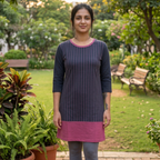 Women's Printed T-Shirt Dress | 100% Spun Polyester | Grey Mauve Stripe Pattern with Pockets | Casual Color Block Dress for Women