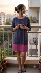 Women's Printed T-Shirt Dress | 100% Spun Polyester | Grey Mauve Stripe Pattern with Pockets | Casual Color Block Dress for Women