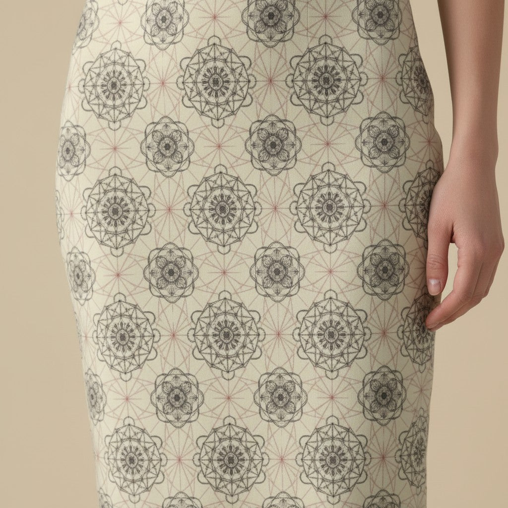 Printed Spandex Pencil Skirt | Modern Mandala Print | Beige | Ankle Length Bodycon | Thematic Prints