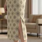 Printed Spandex Pencil Skirt | Modern Mandala Print | Beige | Ankle Length Bodycon | Thematic Prints