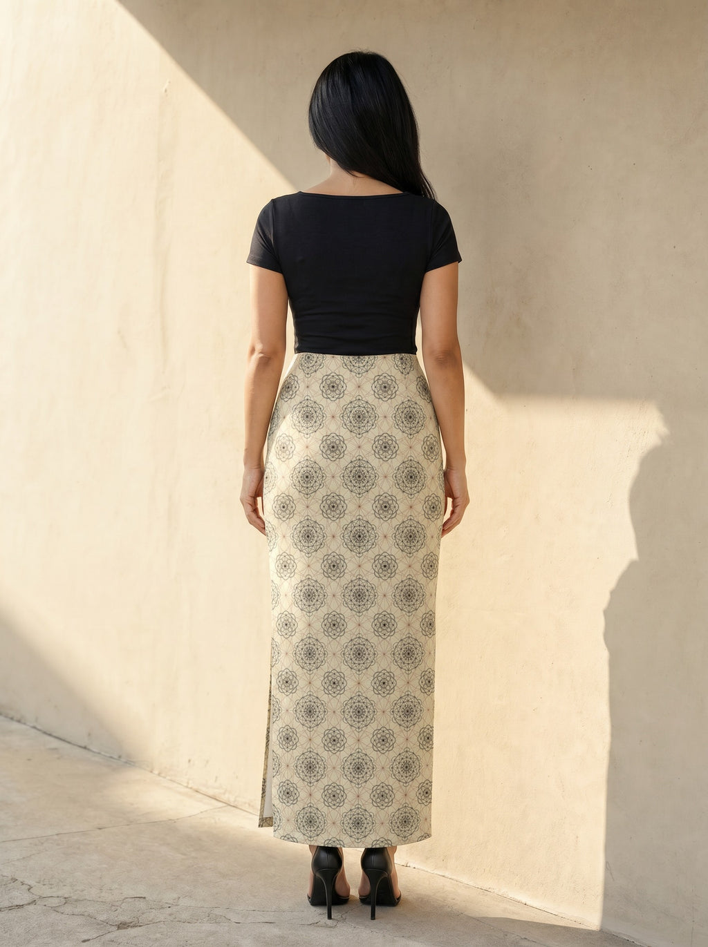 Printed Spandex Pencil Skirt | Modern Mandala Print | Beige | Ankle Length Bodycon | Thematic Prints