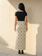 Printed Spandex Pencil Skirt | Modern Mandala Print | Beige | Ankle Length Bodycon | Thematic Prints