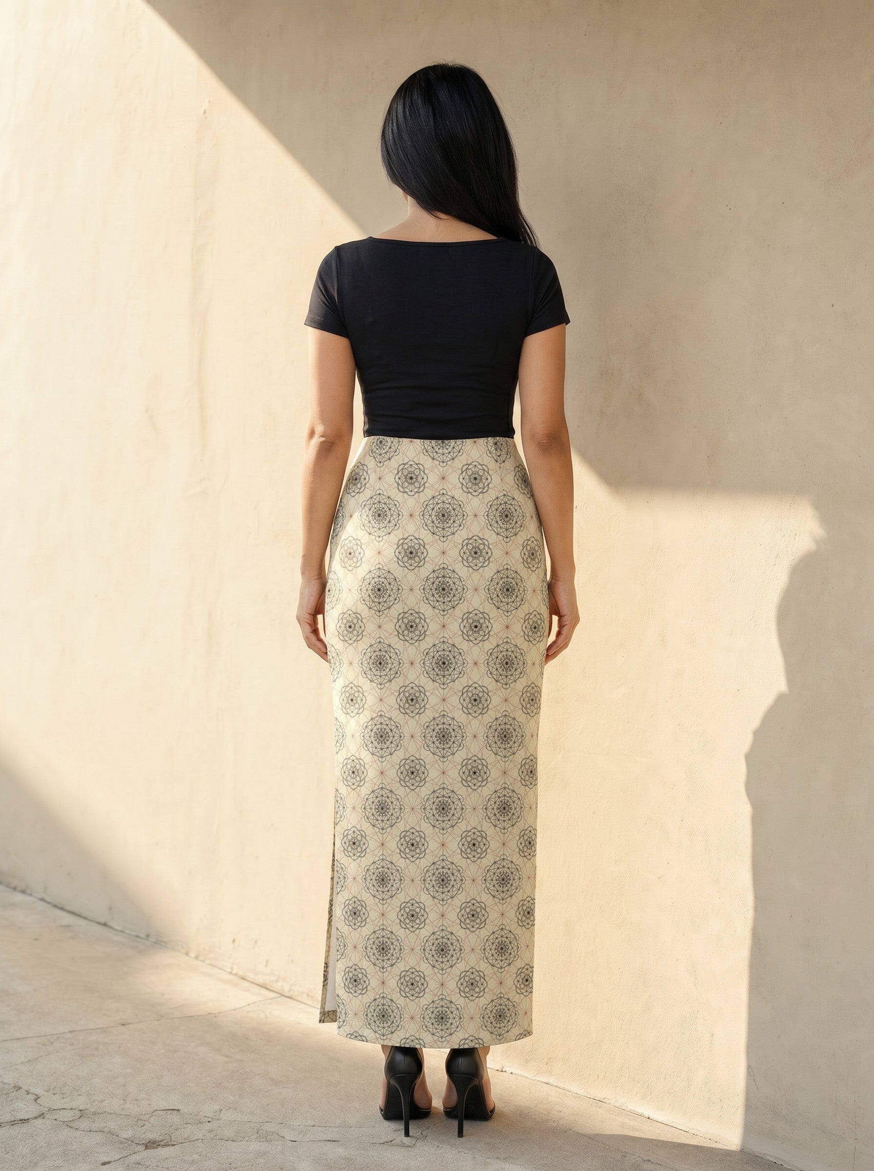 Printed Spandex Pencil Skirt | Modern Mandala Print | Beige | Ankle Length Bodycon | Thematic Prints