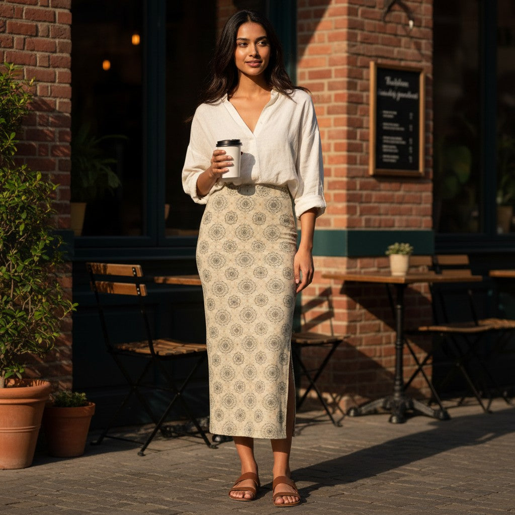 Printed Spandex Pencil Skirt | Modern Mandala Print | Beige | Ankle Length Bodycon | Thematic Prints