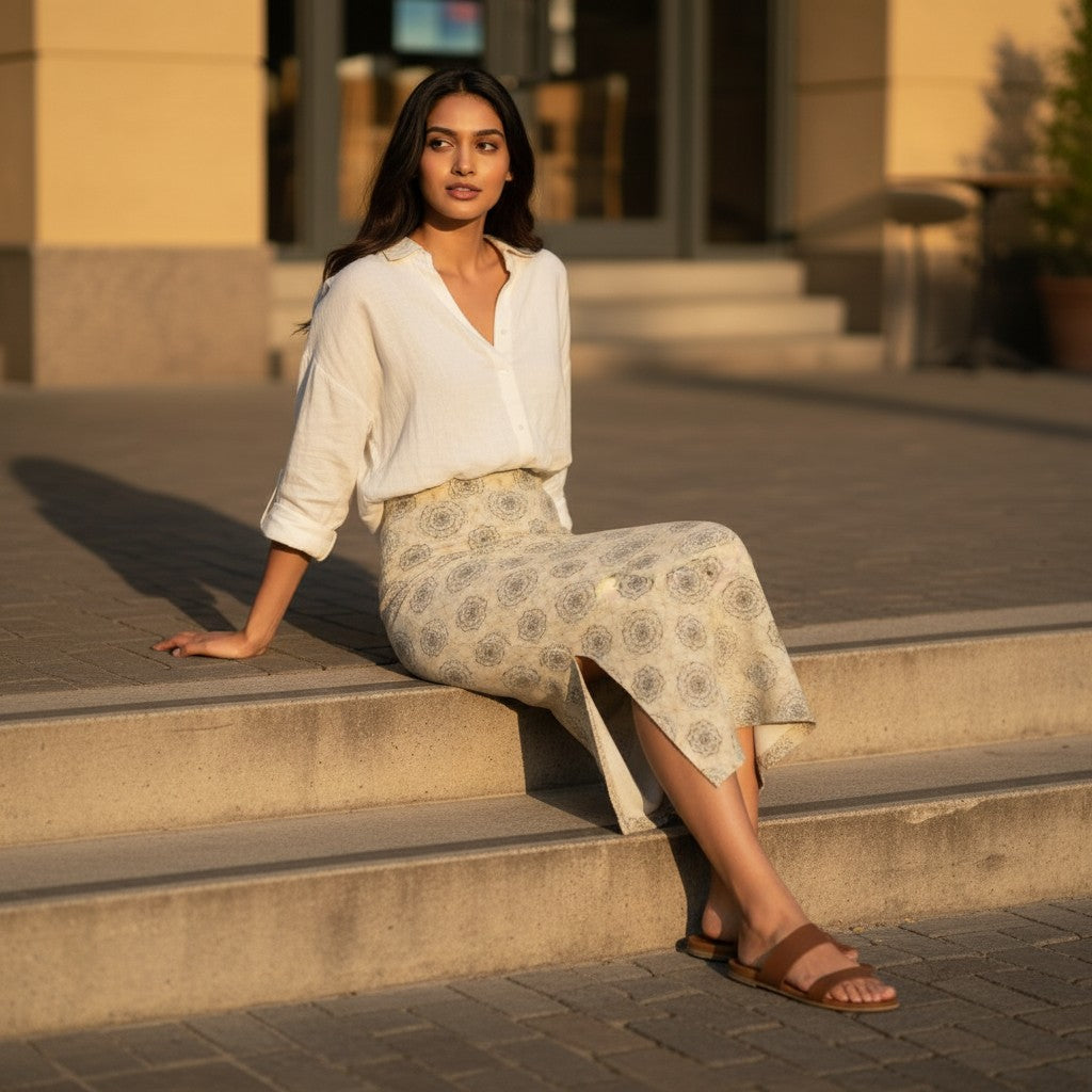 Printed Spandex Pencil Skirt | Modern Mandala Print | Beige | Ankle Length Bodycon | Thematic Prints