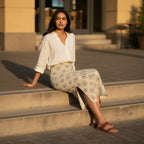 Printed Spandex Pencil Skirt | Modern Mandala Print | Beige | Ankle Length Bodycon | Thematic Prints