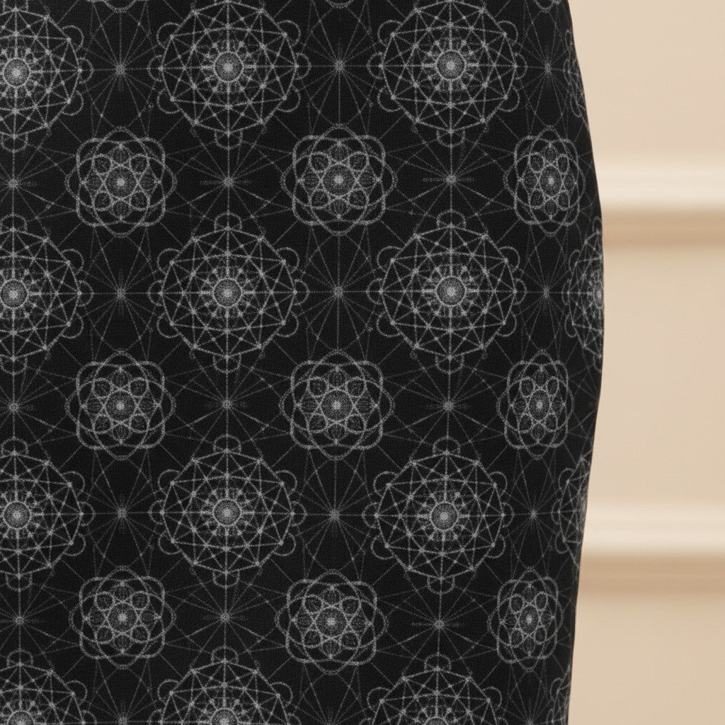 Printed Spandex Pencil Skirt | Modern Mandala Print | Black | Ankle Length Bodycon | Thematic Prints