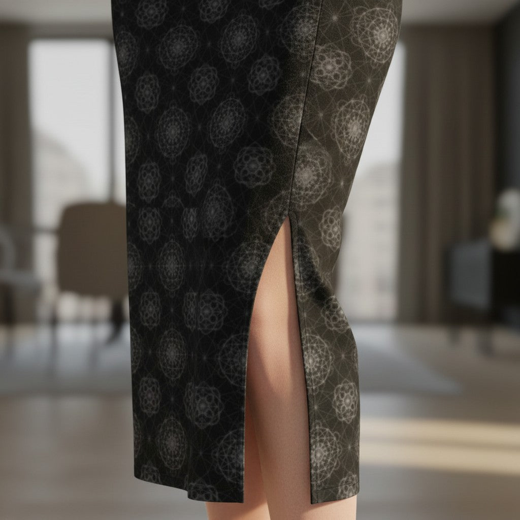 Printed Spandex Pencil Skirt | Modern Mandala Print | Black | Ankle Length Bodycon | Thematic Prints