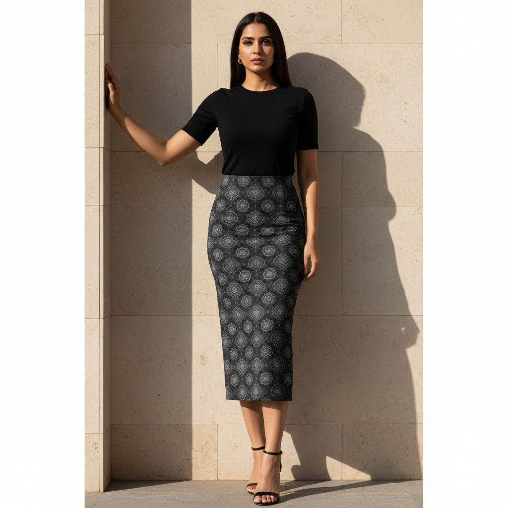 Printed Spandex Pencil Skirt | Modern Mandala Print | Black | Ankle Length Bodycon | Thematic Prints