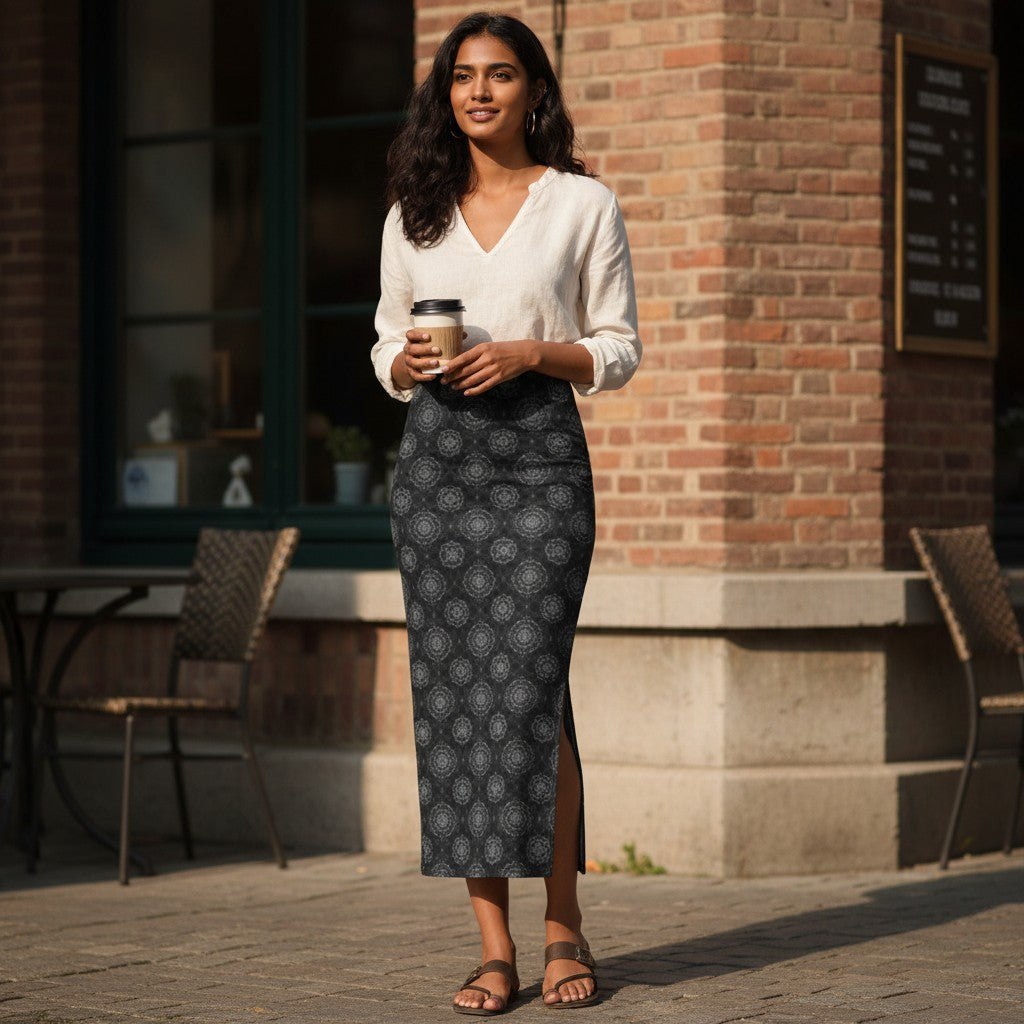 Printed Spandex Pencil Skirt | Modern Mandala Print | Black | Ankle Length Bodycon | Thematic Prints