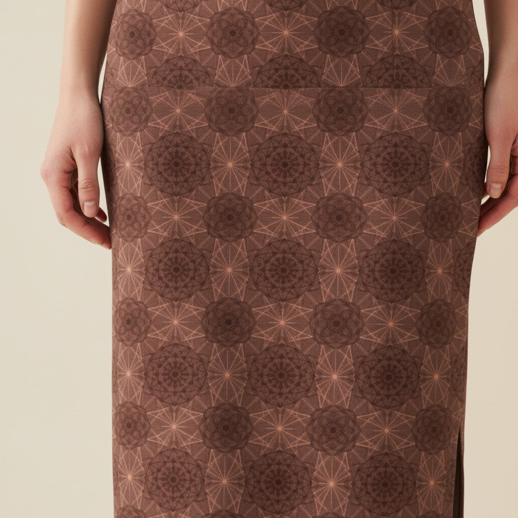 Printed Spandex Pencil Skirt | Modern Mandala Print | Brown | Ankle Length Bodycon | Thematic Prints