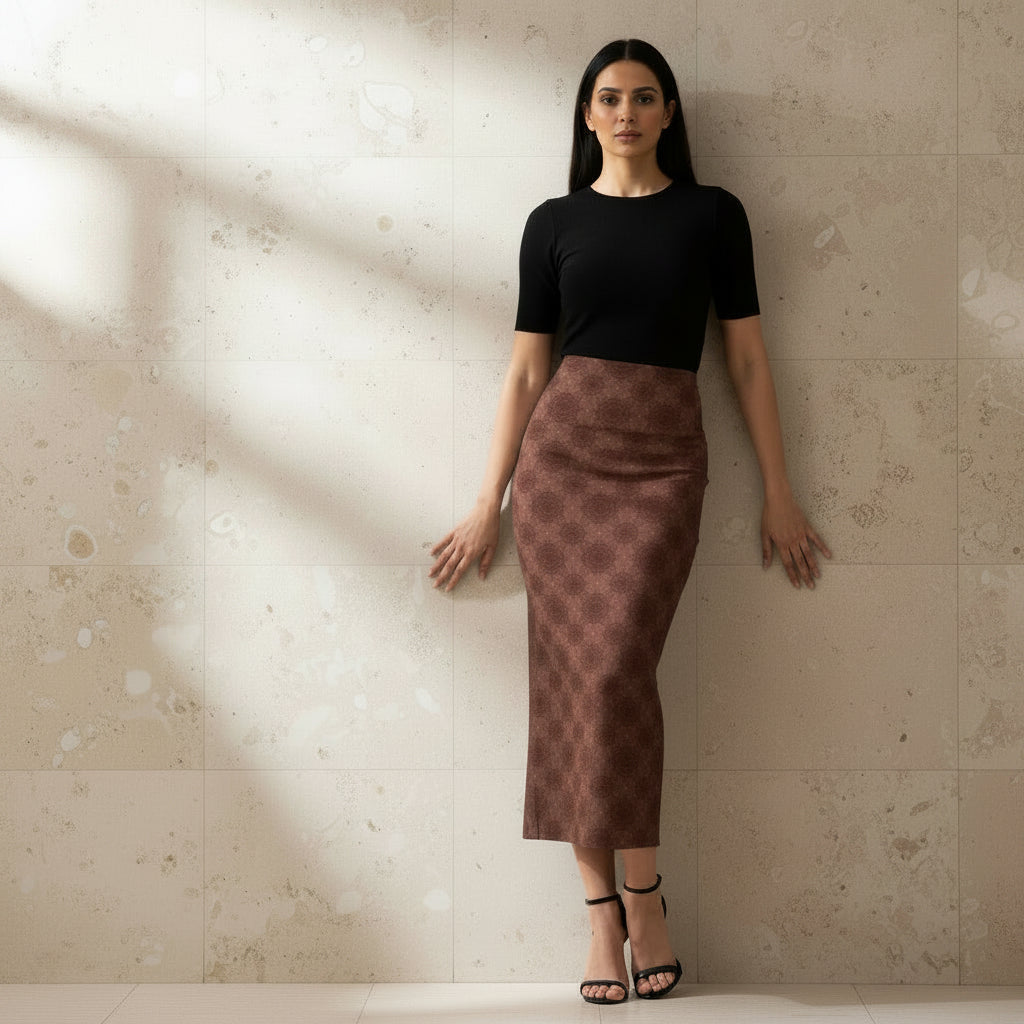 Printed Spandex Pencil Skirt | Modern Mandala Print | Brown | Ankle Length Bodycon | Thematic Prints