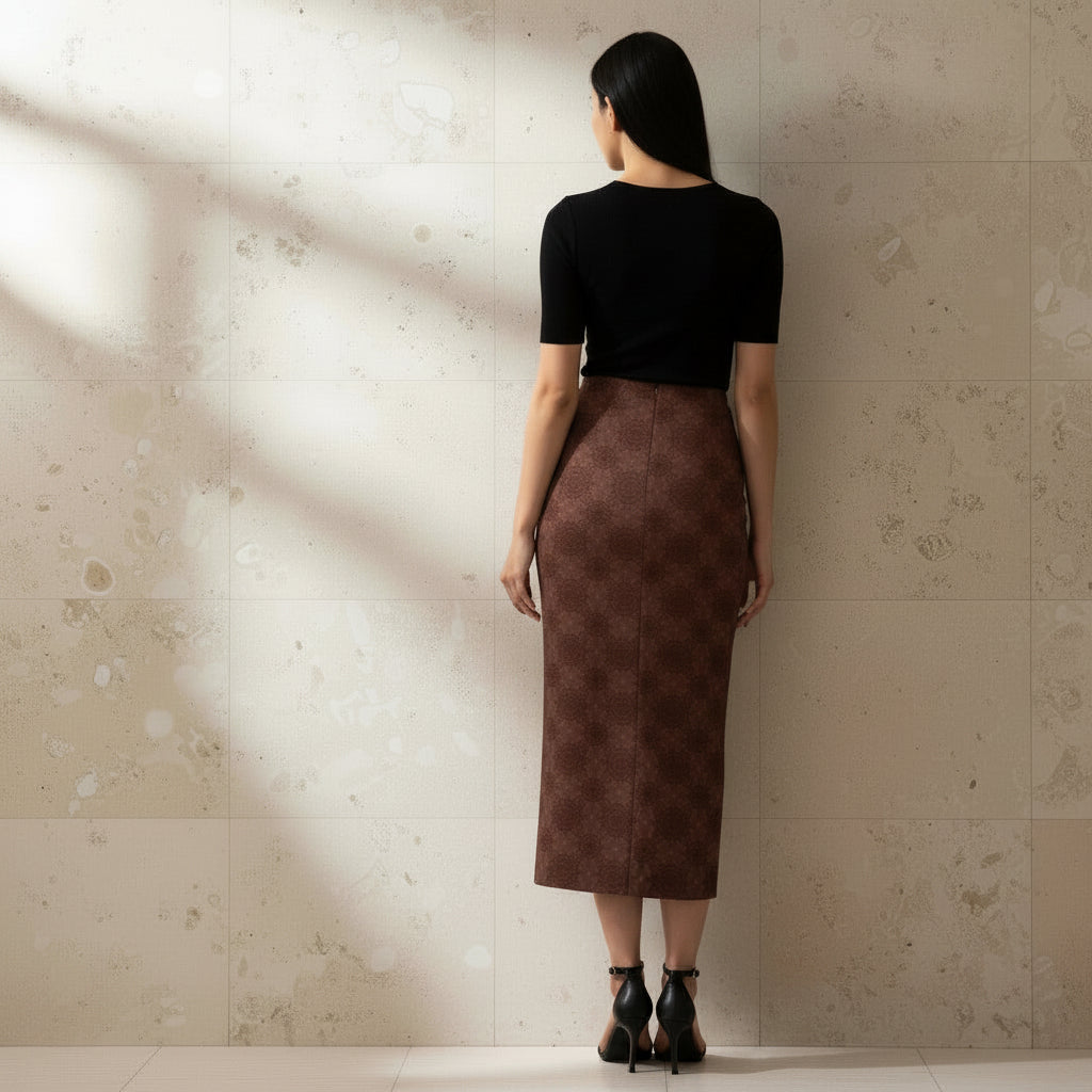 Printed Spandex Pencil Skirt | Modern Mandala Print | Brown | Ankle Length Bodycon | Thematic Prints