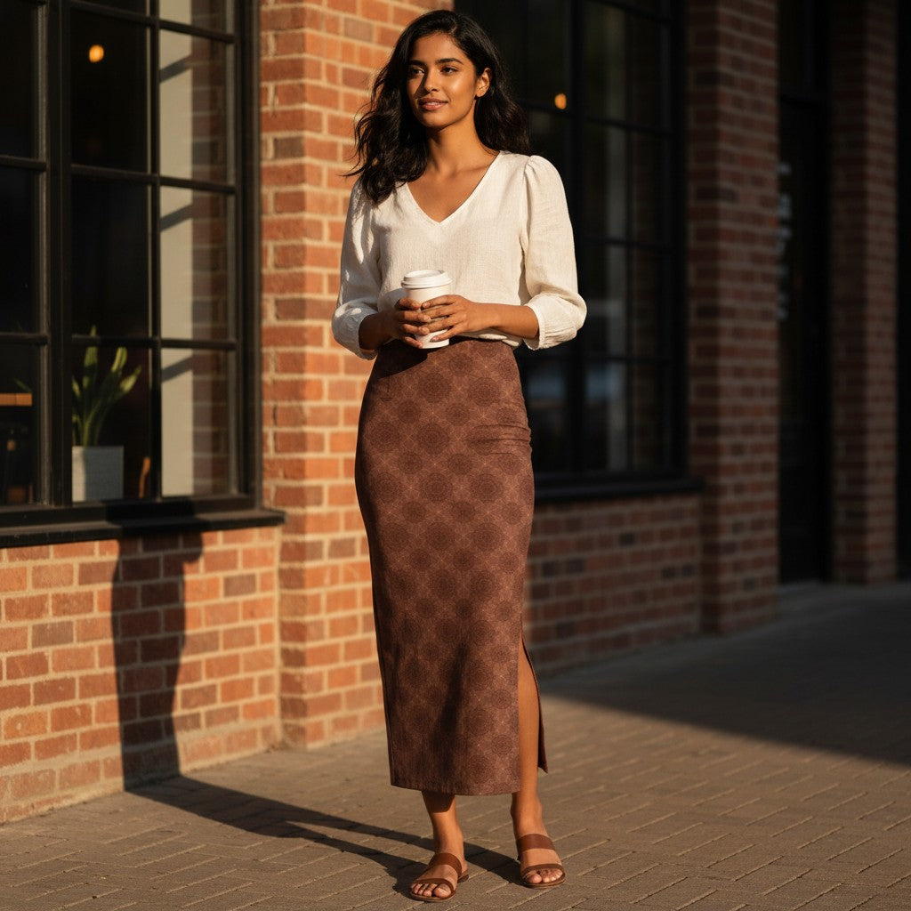 Printed Spandex Pencil Skirt | Modern Mandala Print | Brown | Ankle Length Bodycon | Thematic Prints