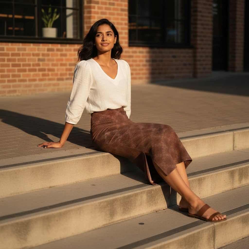 Printed Spandex Pencil Skirt | Modern Mandala Print | Brown | Ankle Length Bodycon | Thematic Prints