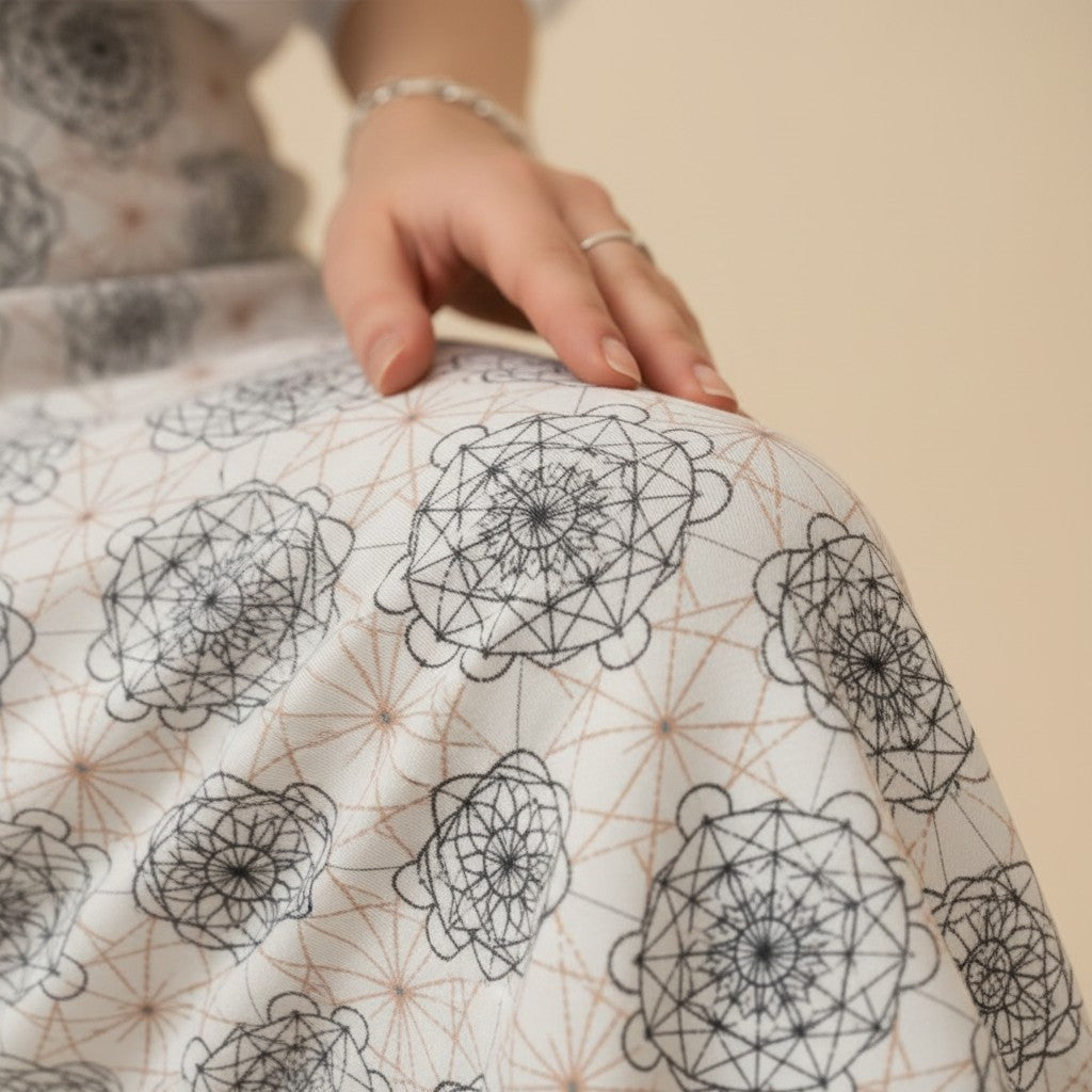 Printed Spandex Pencil Skirt | Modern Mandala Print | White | Ankle Length Bodycon | Thematic Prints