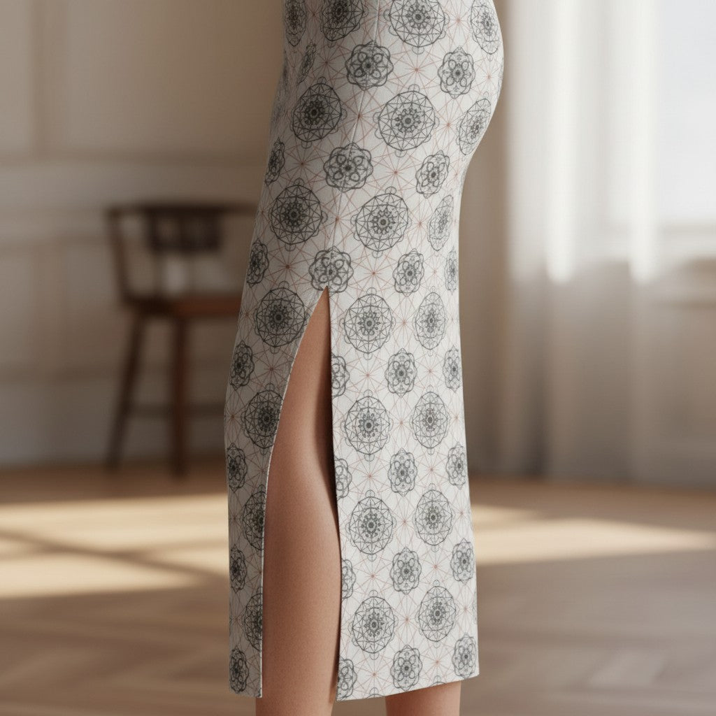Printed Spandex Pencil Skirt | Modern Mandala Print | White | Ankle Length Bodycon | Thematic Prints