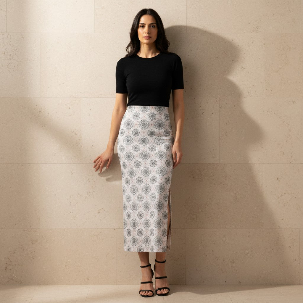 Printed Spandex Pencil Skirt | Modern Mandala Print | White | Ankle Length Bodycon | Thematic Prints