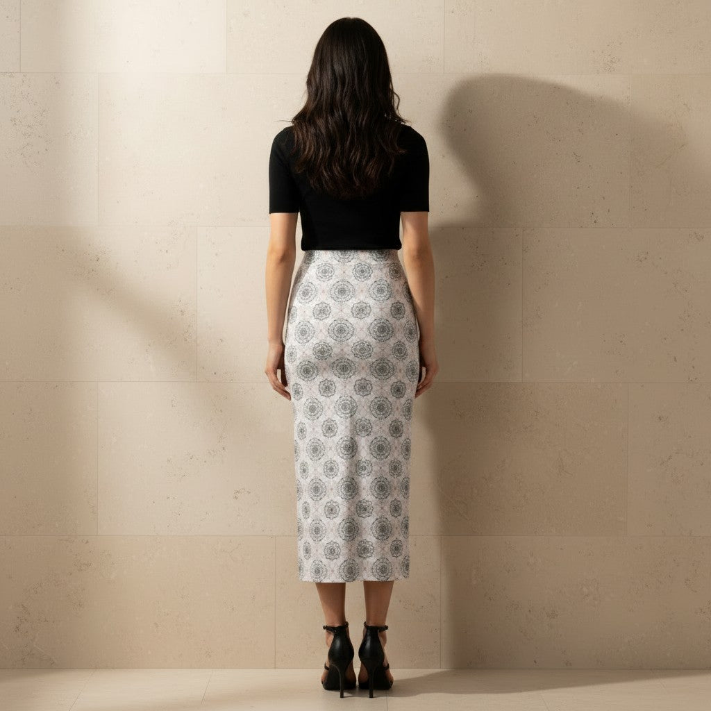 Printed Spandex Pencil Skirt | Modern Mandala Print | White | Ankle Length Bodycon | Thematic Prints