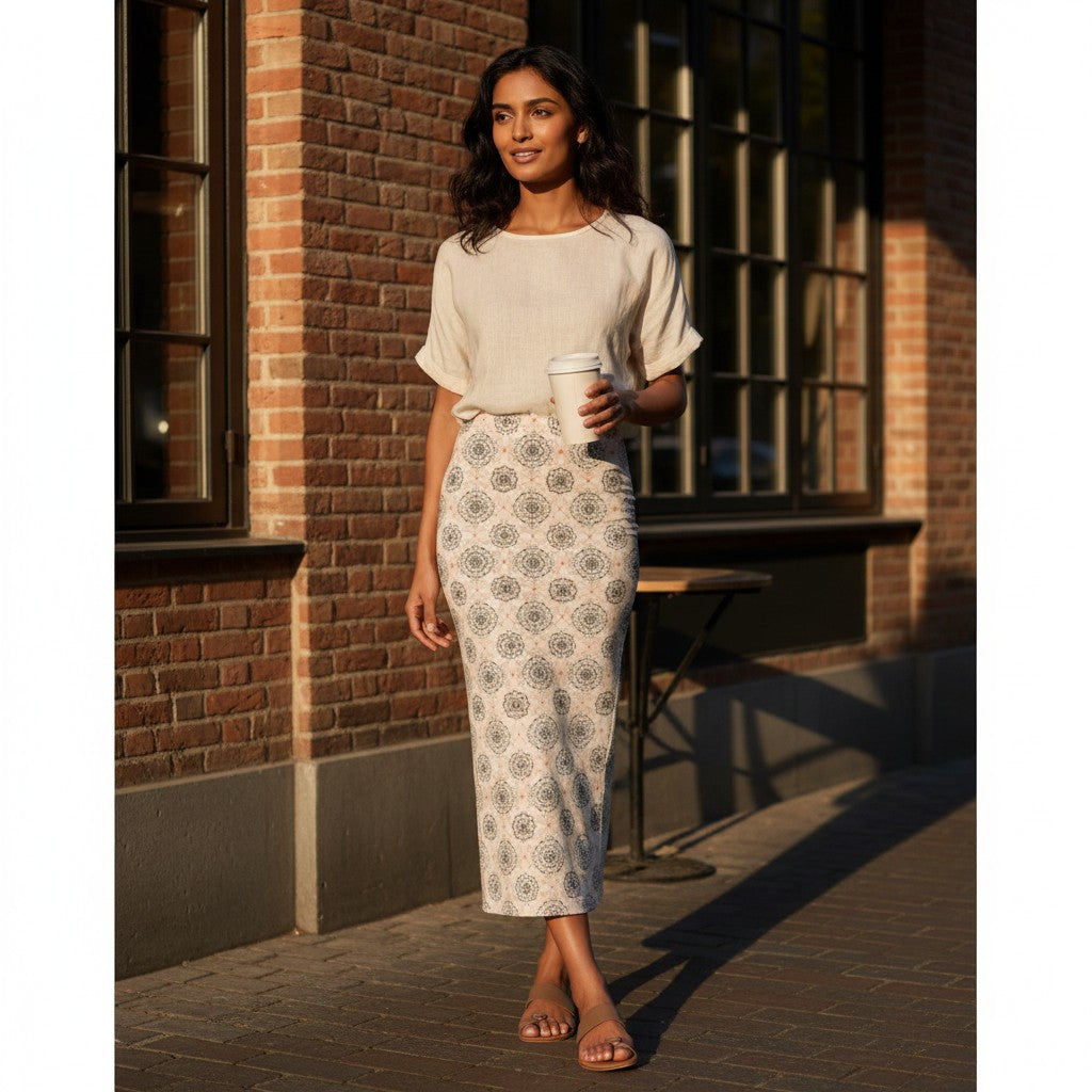 Printed Spandex Pencil Skirt | Modern Mandala Print | White | Ankle Length Bodycon | Thematic Prints