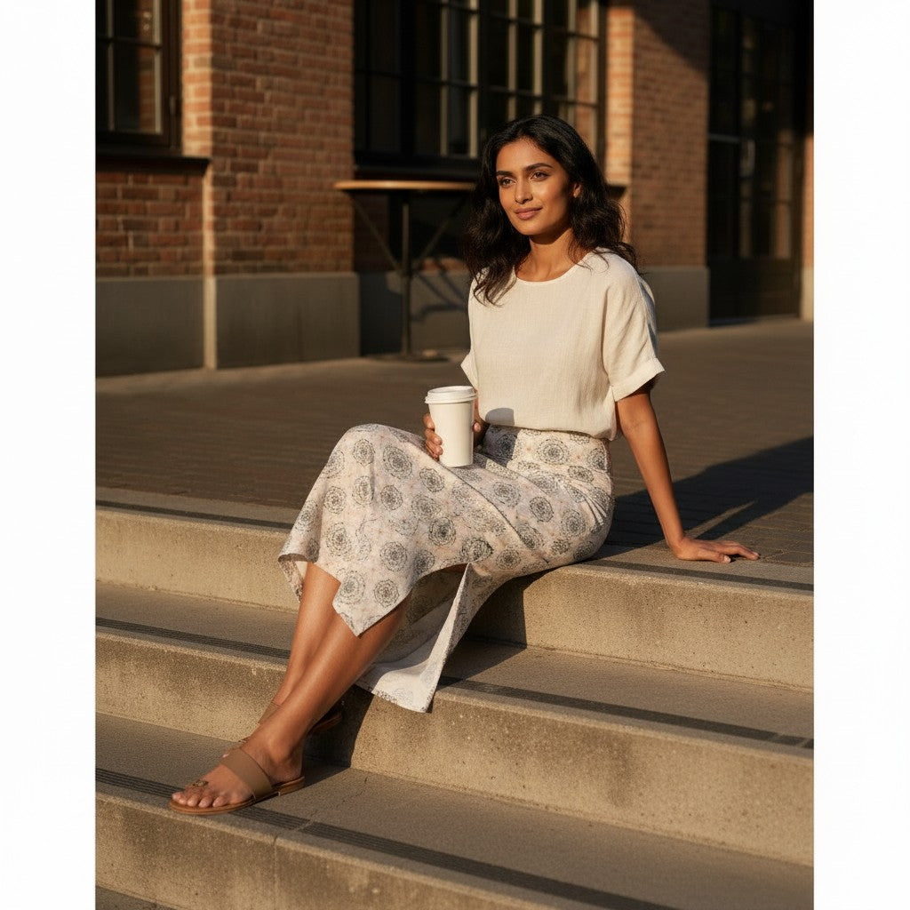 Printed Spandex Pencil Skirt | Modern Mandala Print | White | Ankle Length Bodycon | Thematic Prints