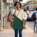 Women's Printed T-Shirt Dress | 100% Spun Polyester | Green n Ivory Color Block Pattern | Casual Dress with pockets for Women