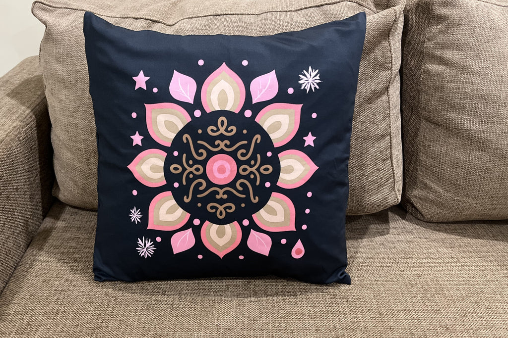 Decorative Cushion Cover Set, Poly Lycra Fabric, 16x16 Inches, Festive Floral Mandala Pattern, Black with Pink and Gold, Machine Washable, 2 Pack