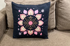 Decorative Cushion Cover Set, Poly Lycra Fabric, 16x16 Inches, Festive Floral Mandala Pattern, Black with Pink and Gold, Machine Washable, 2 Pack