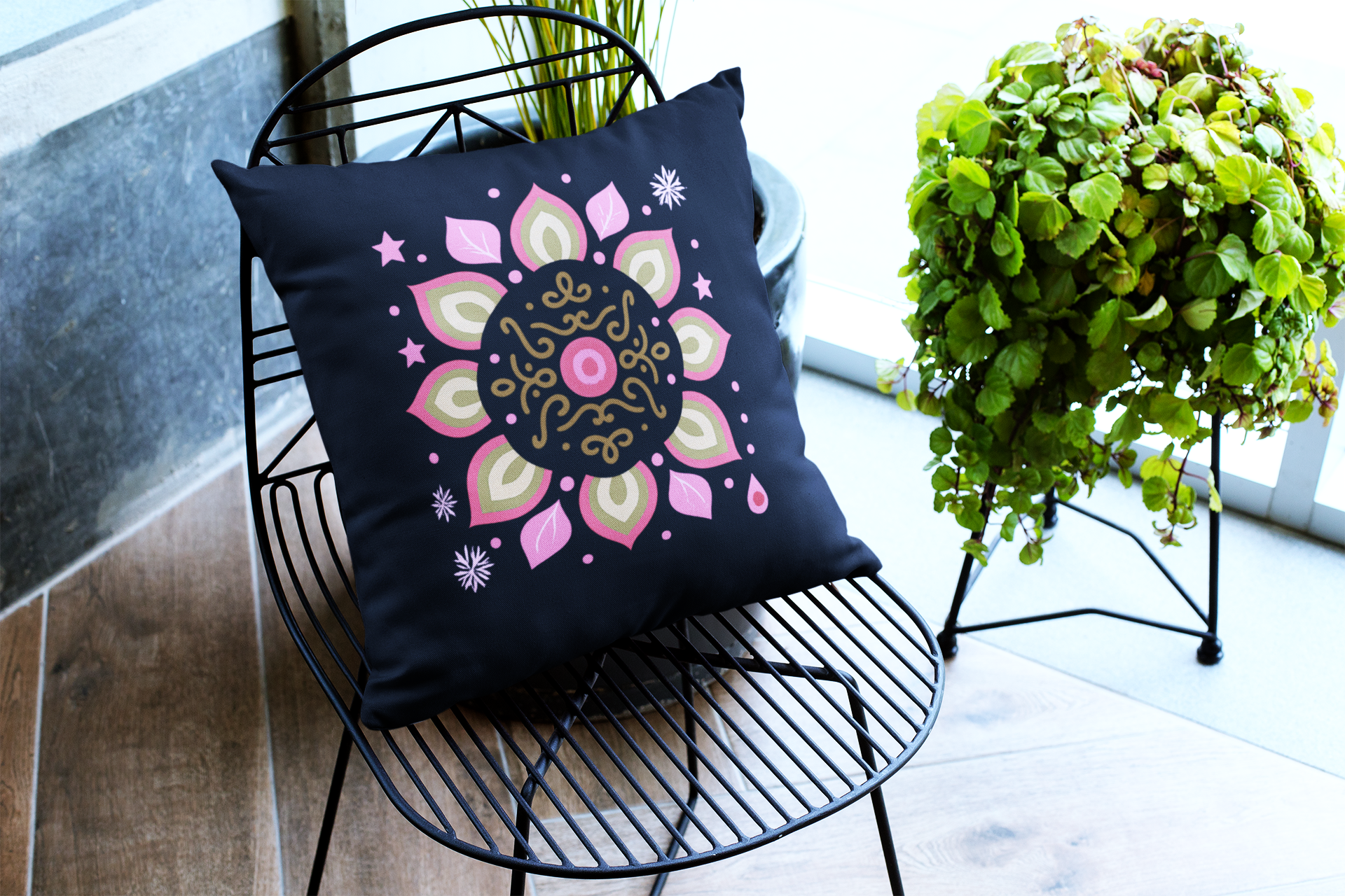 Decorative Cushion Cover Set, Poly Lycra Fabric, 16x16 Inches, Festive Floral Mandala Pattern, Black with Pink and Gold, Machine Washable, 2 Pack