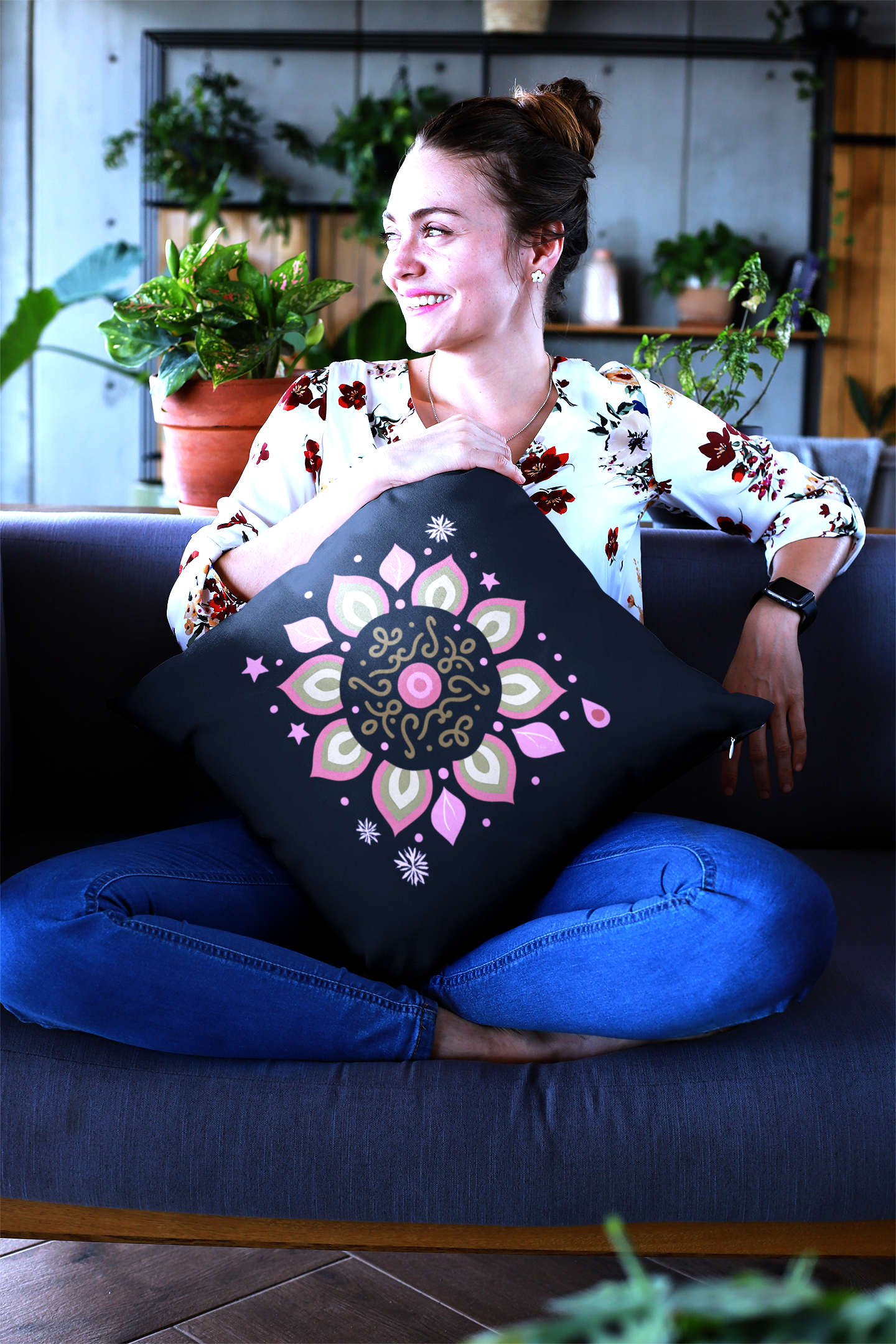 Decorative Cushion Cover Set, Poly Lycra Fabric, 16x16 Inches, Festive Floral Mandala Pattern, Black with Pink and Gold, Machine Washable, 2 Pack