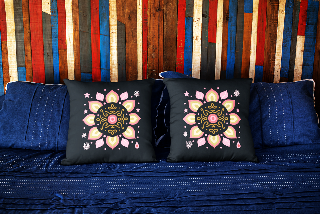 Decorative Cushion Cover Set, Poly Lycra Fabric, 16x16 Inches, Festive Floral Mandala Pattern, Black with Pink and Gold, Machine Washable, 2 Pack