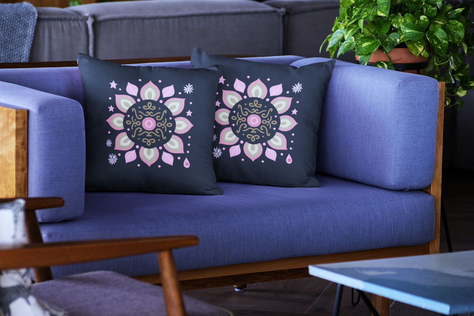 Decorative Cushion Cover Set, Poly Lycra Fabric, 16x16 Inches, Festive Floral Mandala Pattern, Black with Pink and Gold, Machine Washable, 2 Pack