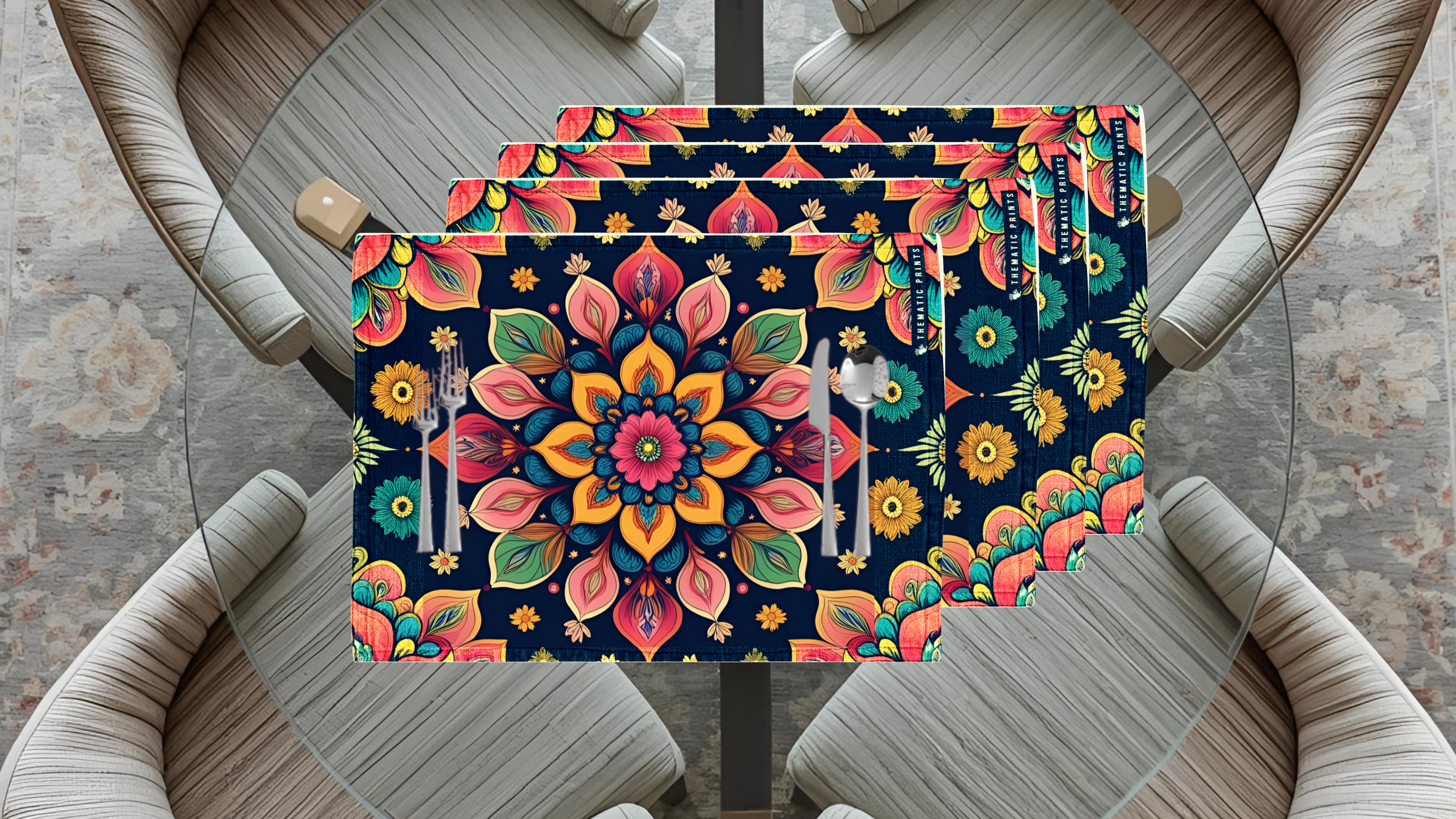 Polyster Fabric Set of 6 Table Placemats - Petals