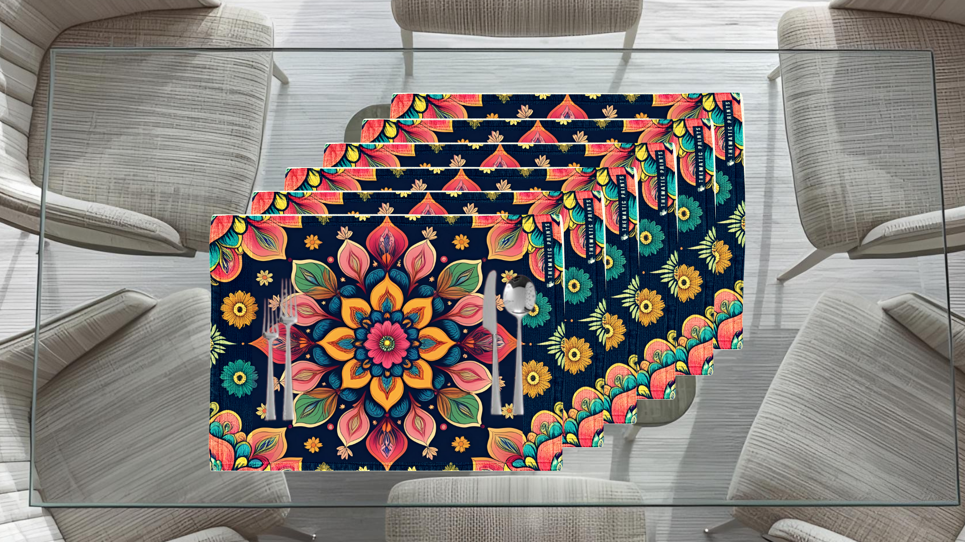 Polyster Fabric Set of 6 Table Placemats - Petals