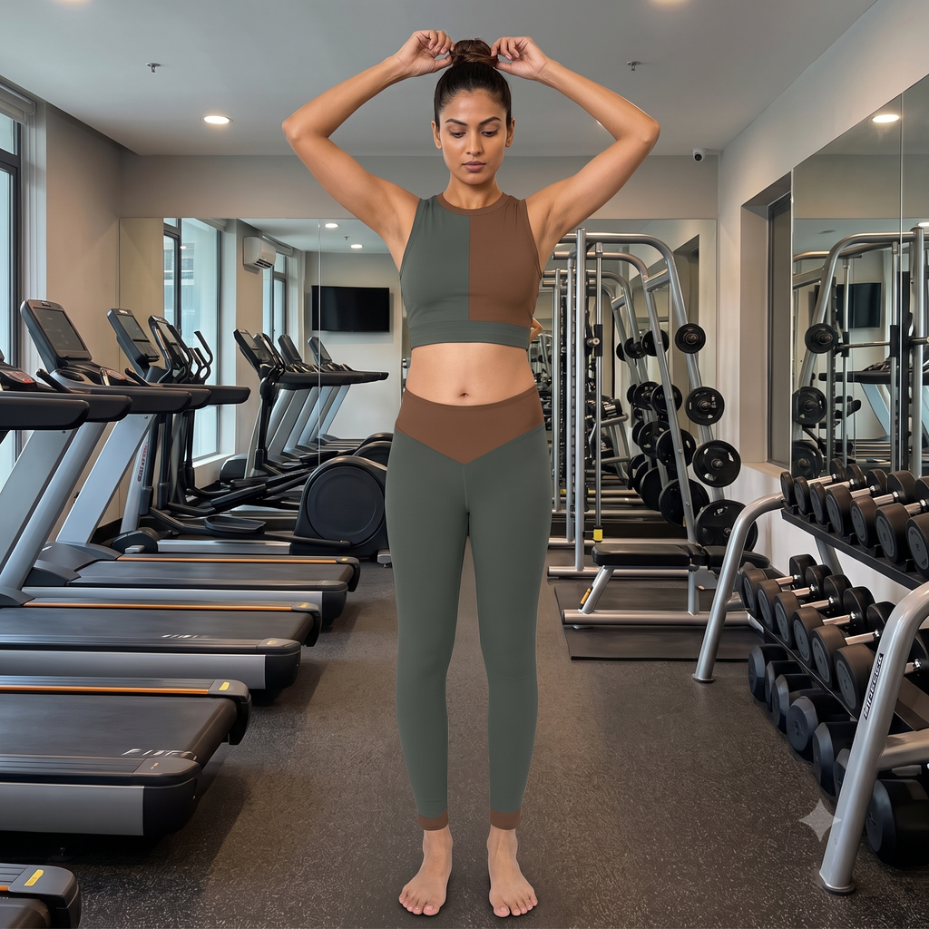 Women's Gym Crop Top & Leggings Set | Earthy Olive Brown Print | Stretchable Slim Fit Active Wear for Women