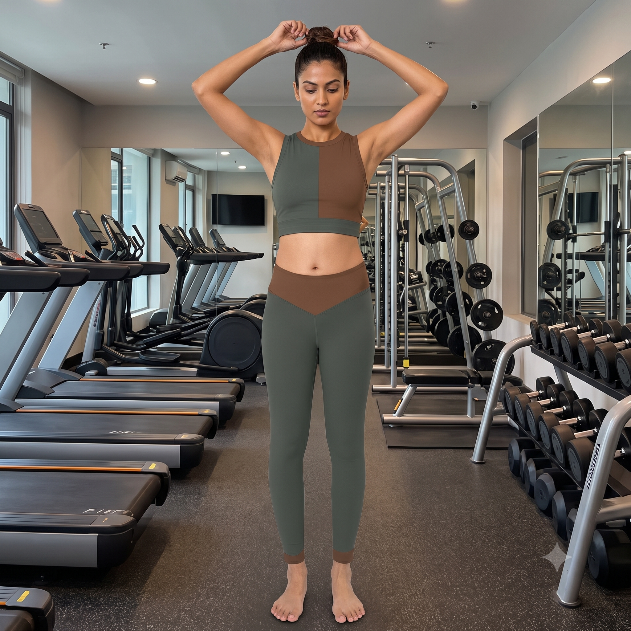 Women's Gym Crop Top & Leggings Set | Earthy Olive Brown Print | Stretchable Slim Fit Active Wear for Women