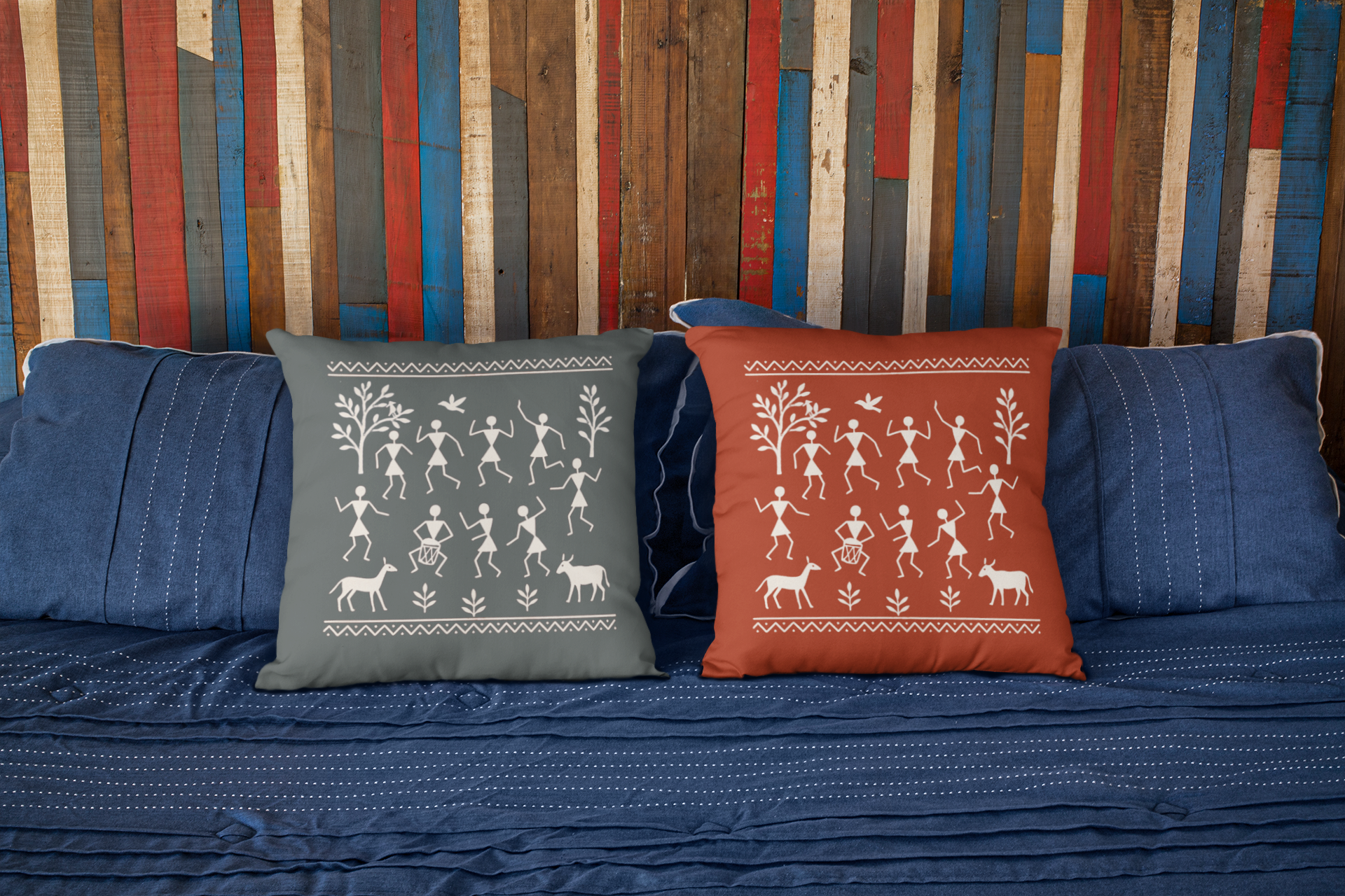 Set of 2 Traditional Artform Cushion Cover - Warli Art Digital Print