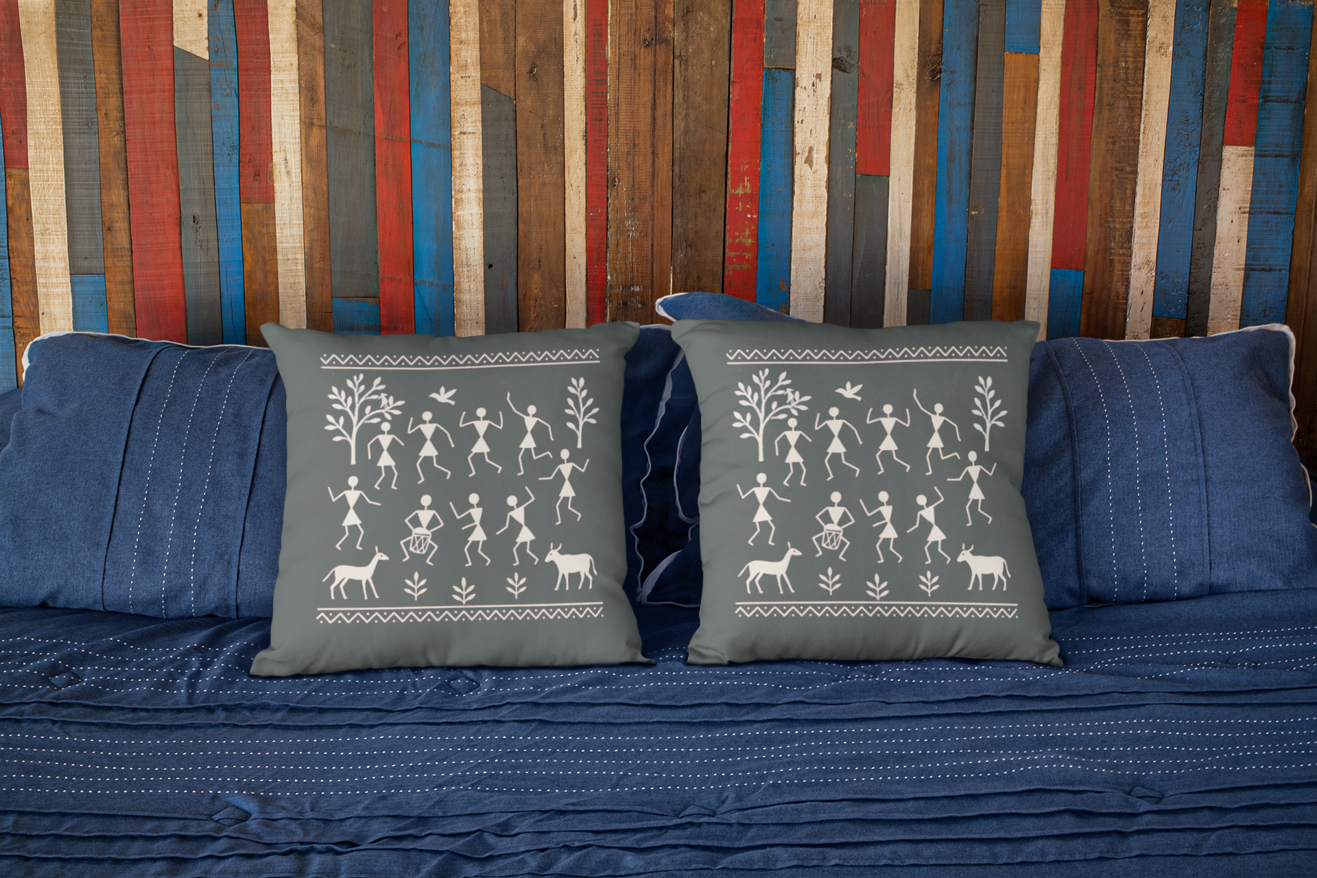 Set of 2 Traditional Artform Cushion Cover - Warli Art Digital Print