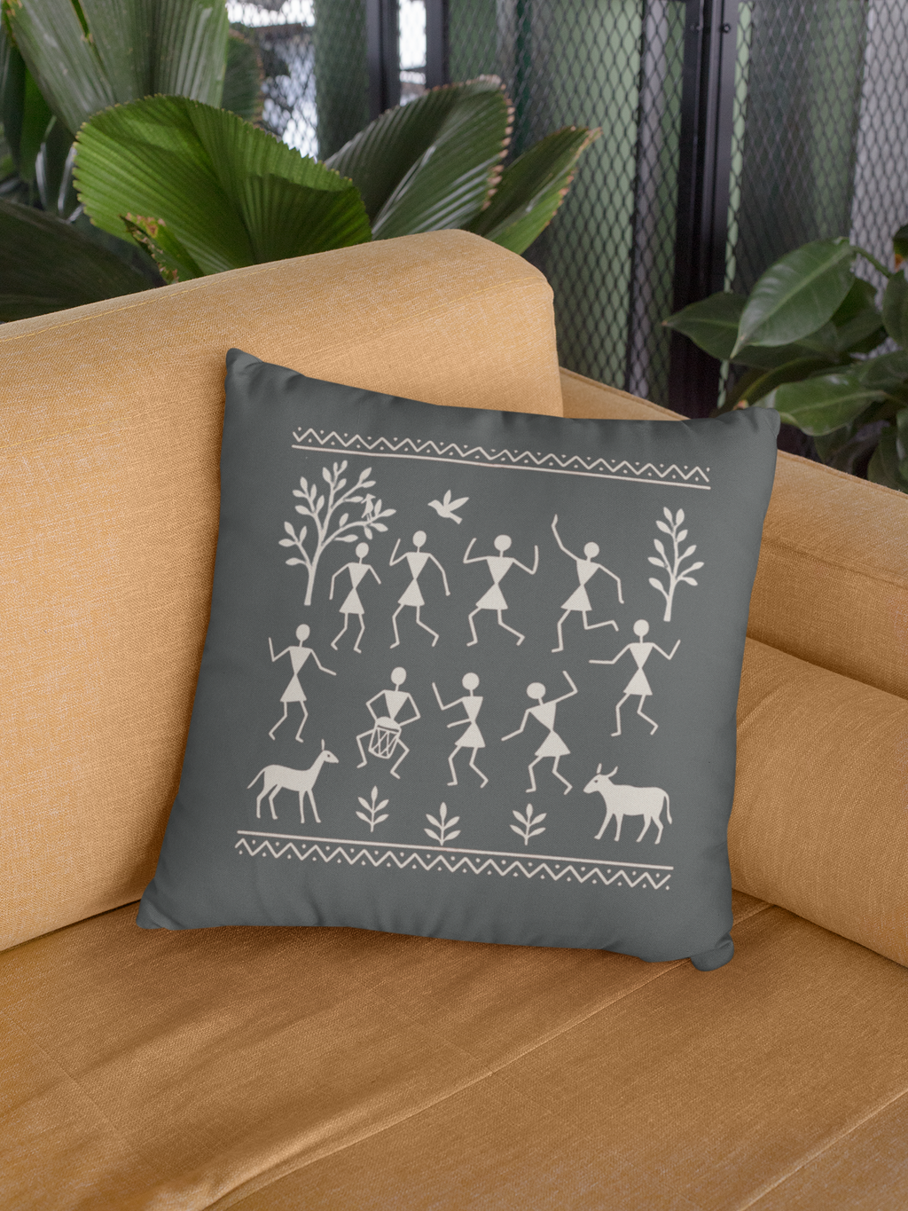 Set of 2 Traditional Artform Cushion Cover - Warli Art Digital Print